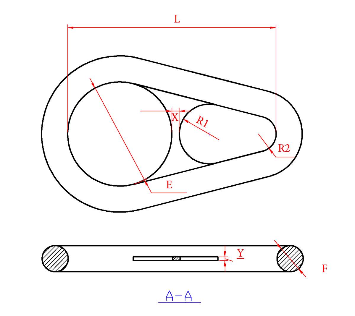 Disegno tecnico dimensionale dell’anello a pera AQUALINK con R1, R2, L, E, F, X e Y